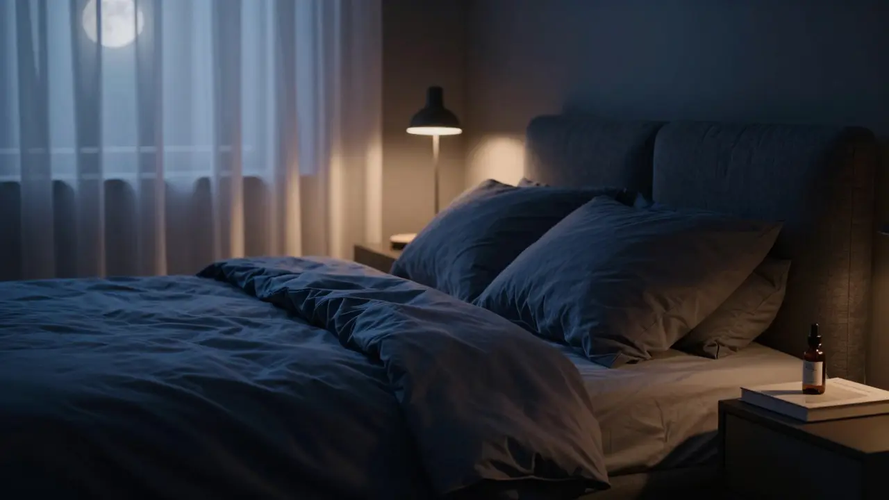 Ruhiges Schlafzimmer nachts mit CBD-Flasche auf Nachttisch bei sanftem Licht