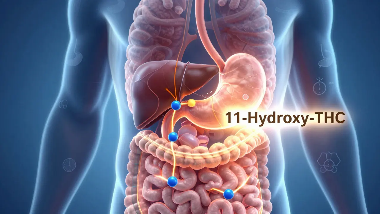 Schematische Darstellung, wie THC im Körper in 11-Hydroxy-THC umgewandelt wird.