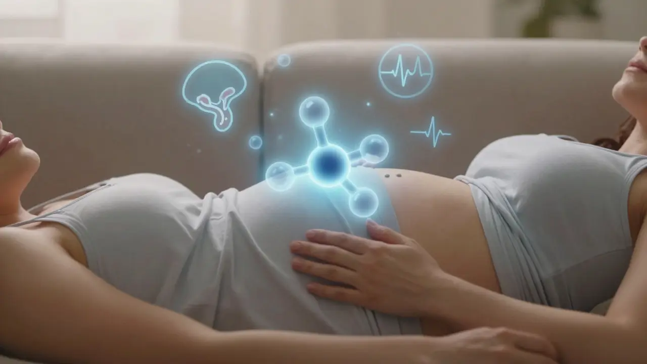 Schwangere Frau mit durchscheinenden CBD-Molekülen, die auf ihren Bauch zuströmen, sanfte medizinische Symbole umgeben sie.