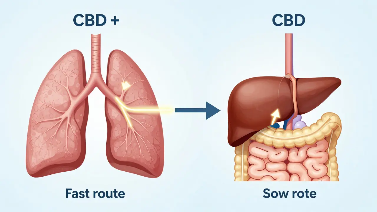 Vergleich der Aufnahmewege von CBD: direkte Lungenaufnahme vs. Verdauungsweg mit Leberumweg.