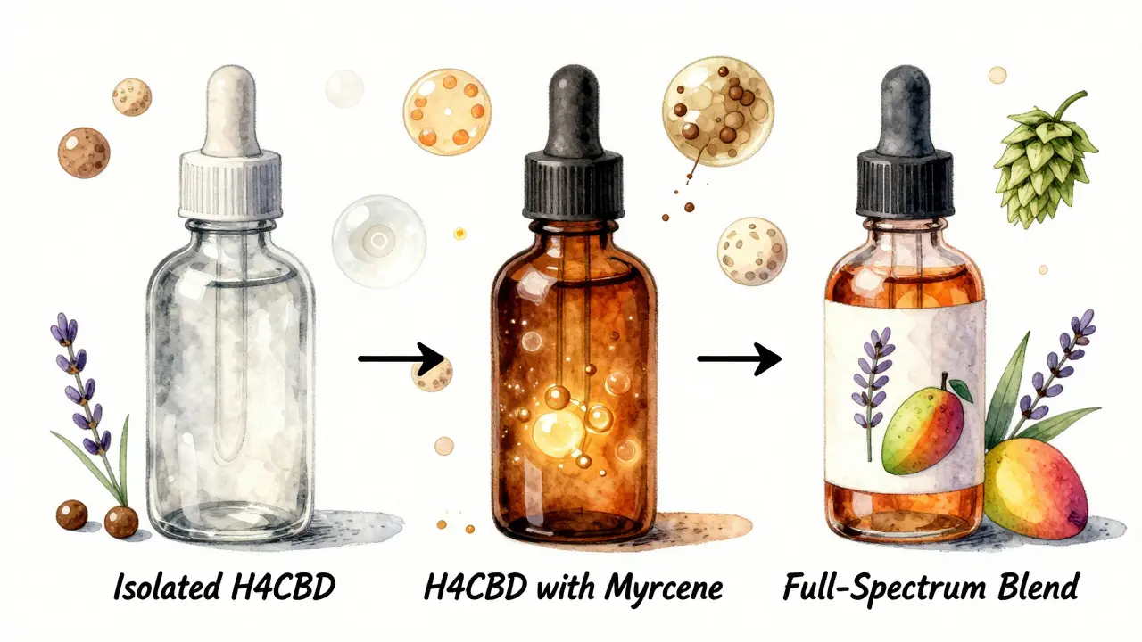 Vergleich dreier H4CBD-Produkte: isoliert, mit Myrcen und vollspektral, dargestellt als farbige Flaschen mit natürlichen Symbolen.
