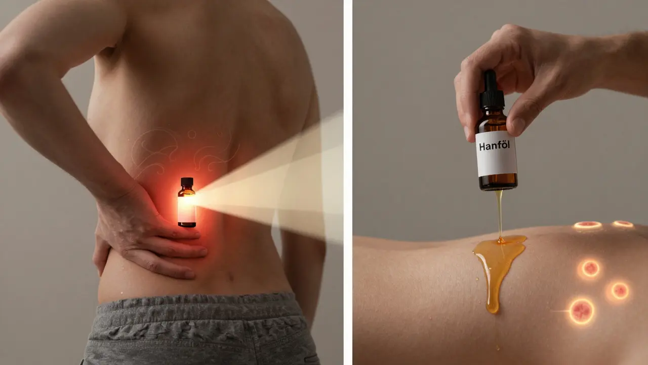 Vergleichende Szene: CBD-Öl lindert Schmerzen gezielt, Hanföl wirkt nur als Hautpflege – ohne tiefere Wirkung