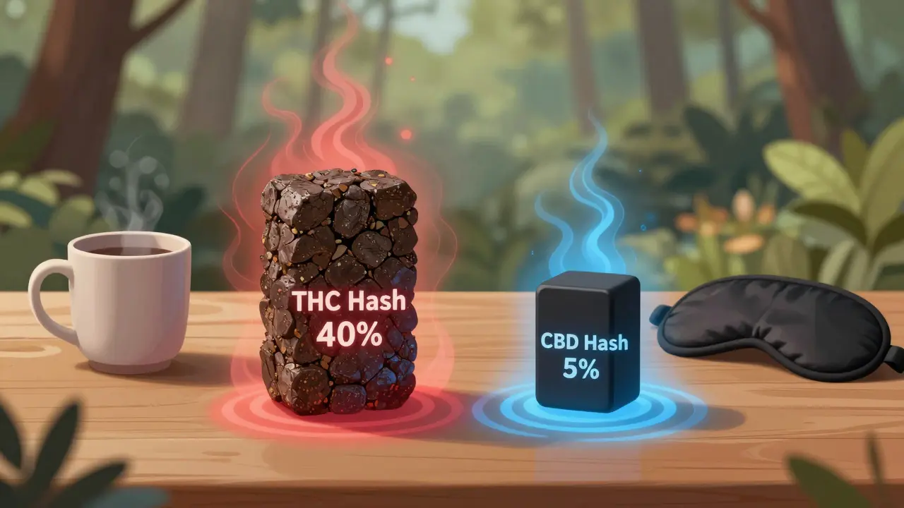 Zwei Hash-Blöcke im Vergleich: einer mit THC (rot) und einer mit CBD (blau), nebeneinander auf Holz.
