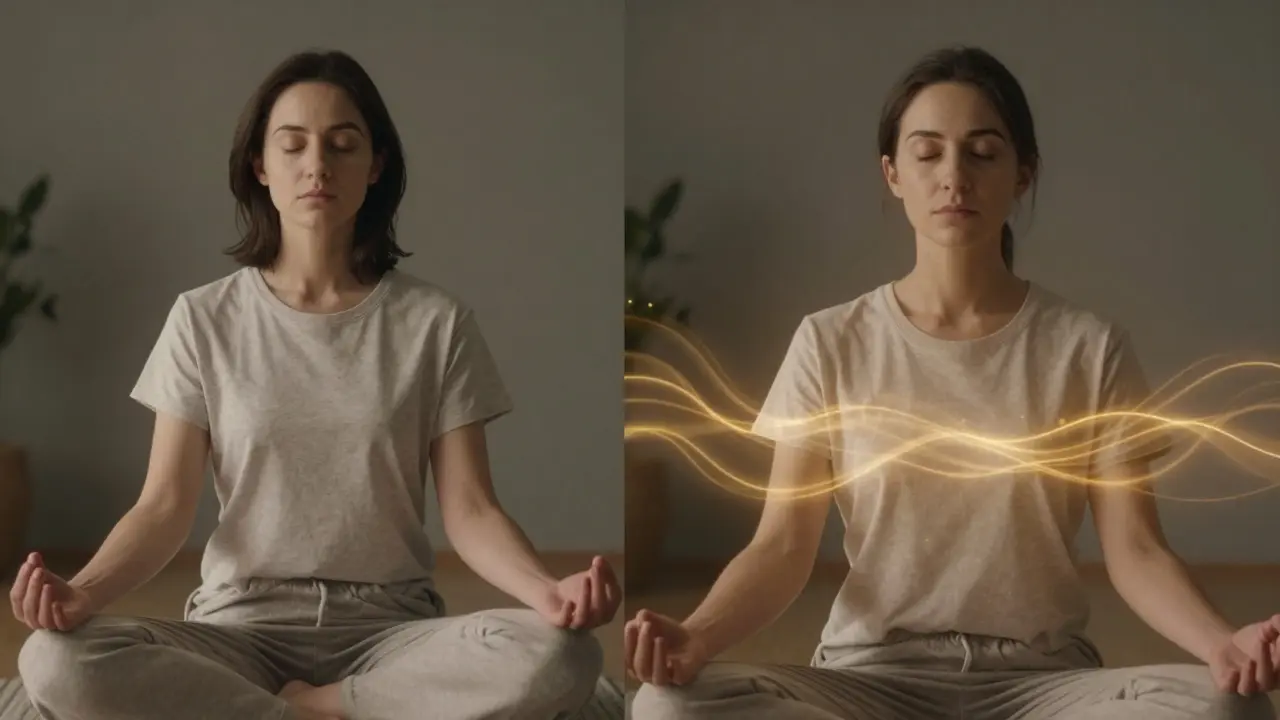 Zwei Zustände einer Person: ruhig mit CBD und tief entspannt mit H4CBD, sanftes Licht, keine Texte.