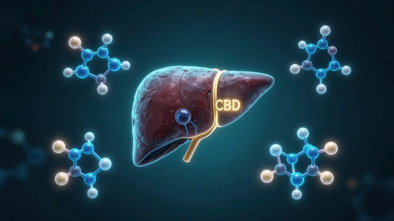 3D-Illustration der Leber mit CBD-Molekülen und Enzymen im Stoffwechselprozess.