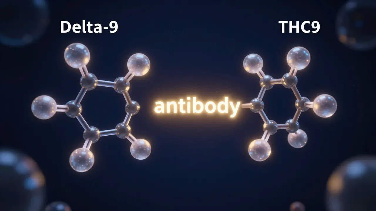 3D-Illustration zweier chemisch ähnlicher THC-Moleküle und eines bindenden Antikörpers.