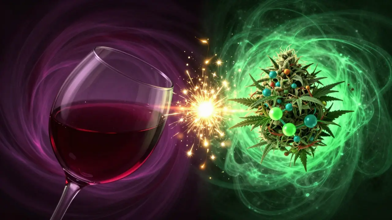 Abstrakte Darstellung der Synergie von Alkohol und THC in Grün- und Purpurtönen.