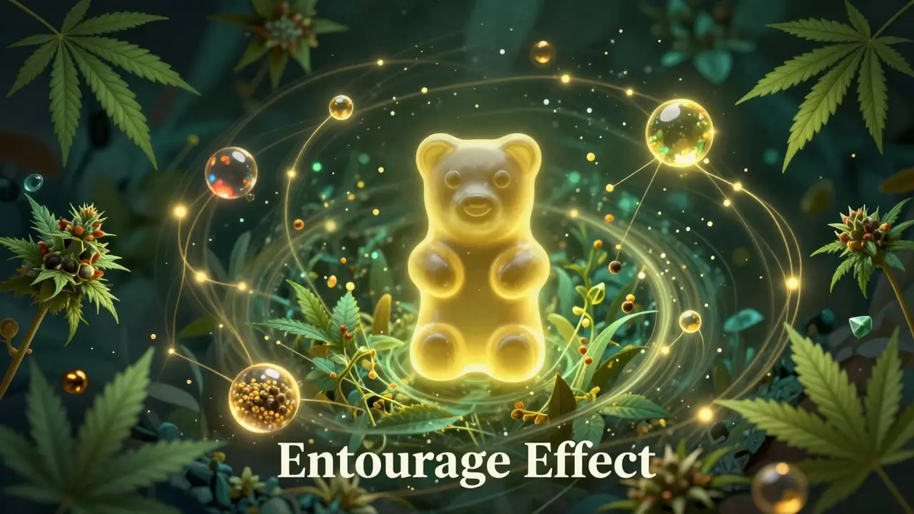 Abstrakte Darstellung des Entourage-Effekts mit CBD-Gummy und Hanfpflanzen