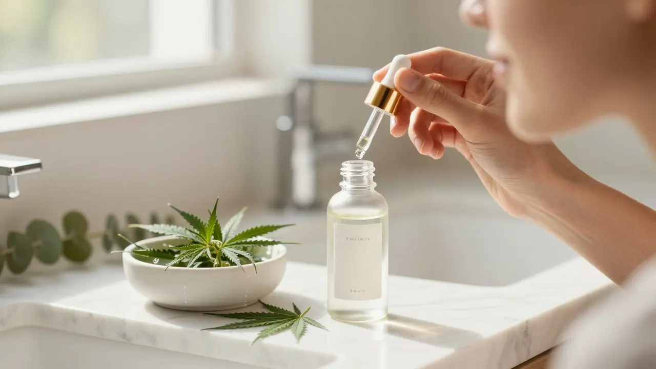 Anwendung eines CBG-Gesichtserums als Teil einer luxuriösen Hautpflegeroutine.