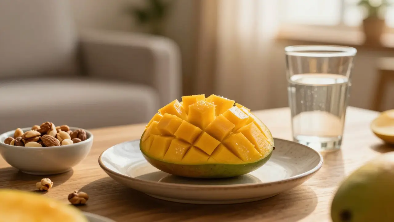 Aufgeschnittene reife Mango und Nüsse als Vorbereitung für den Edibles-Konsum.