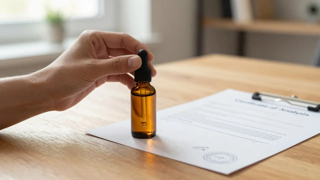 CBD-Öl Flasche neben einem Analysenzertifikat auf einem Holztisch.
