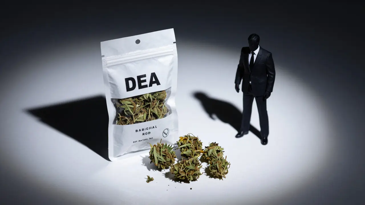 Ein Hanfprodukt unter der bedrohlichen Silhouette eines DEA-Agenten.
