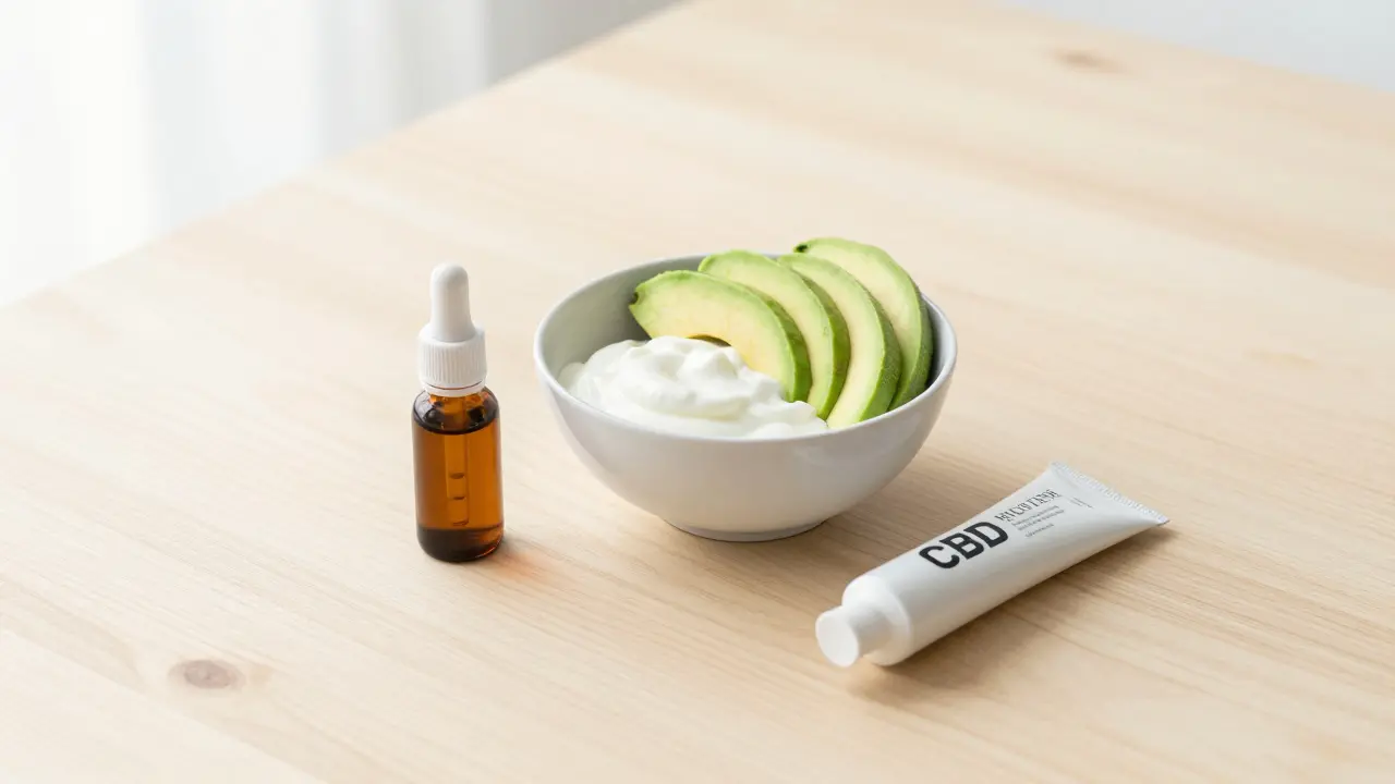 Ein Wellness-Arrangement mit CBD-Öl, Creme und einer fettreichen Mahlzeit auf einem Holztisch.