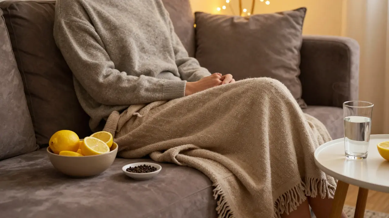 Eine entspannte Person auf einem Sofa mit Zitronen und Pfeffer zur Beruhigung.