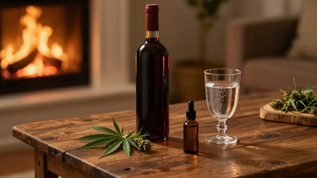 Eine Flasche Rotwein und ein Tropfer auf einem rustikalen Tisch in gemütlichem Licht.