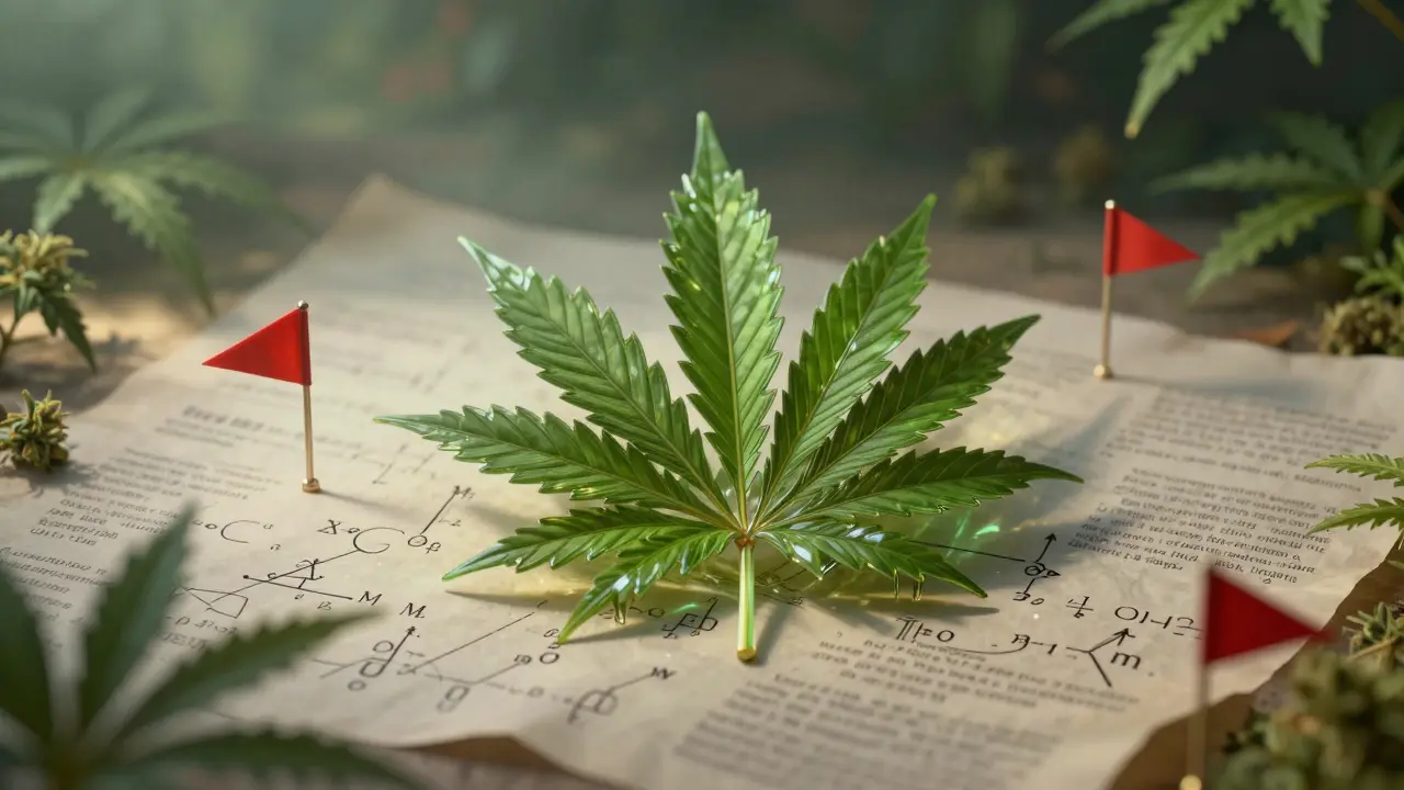 Eine gläserne Cannabisblatt-Skulptur inmitten von mathematischen Formeln und Warnflaggen.