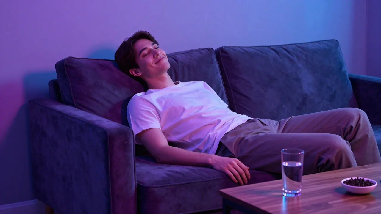 Entspannte Person, die tief in ein weiches Sofa sinkt, in einer atmosphärischen Umgebung.