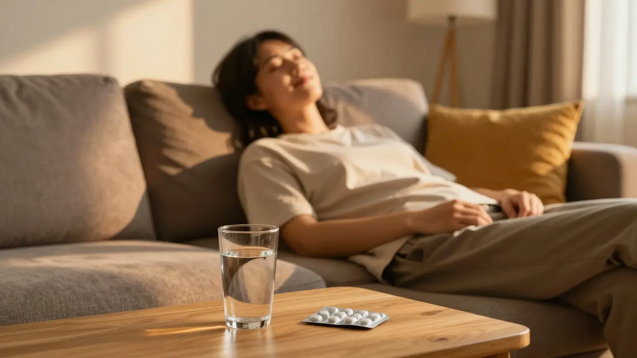 Entspannte Person in einem sonnigen Wohnzimmer während der maximalen Wirkung.