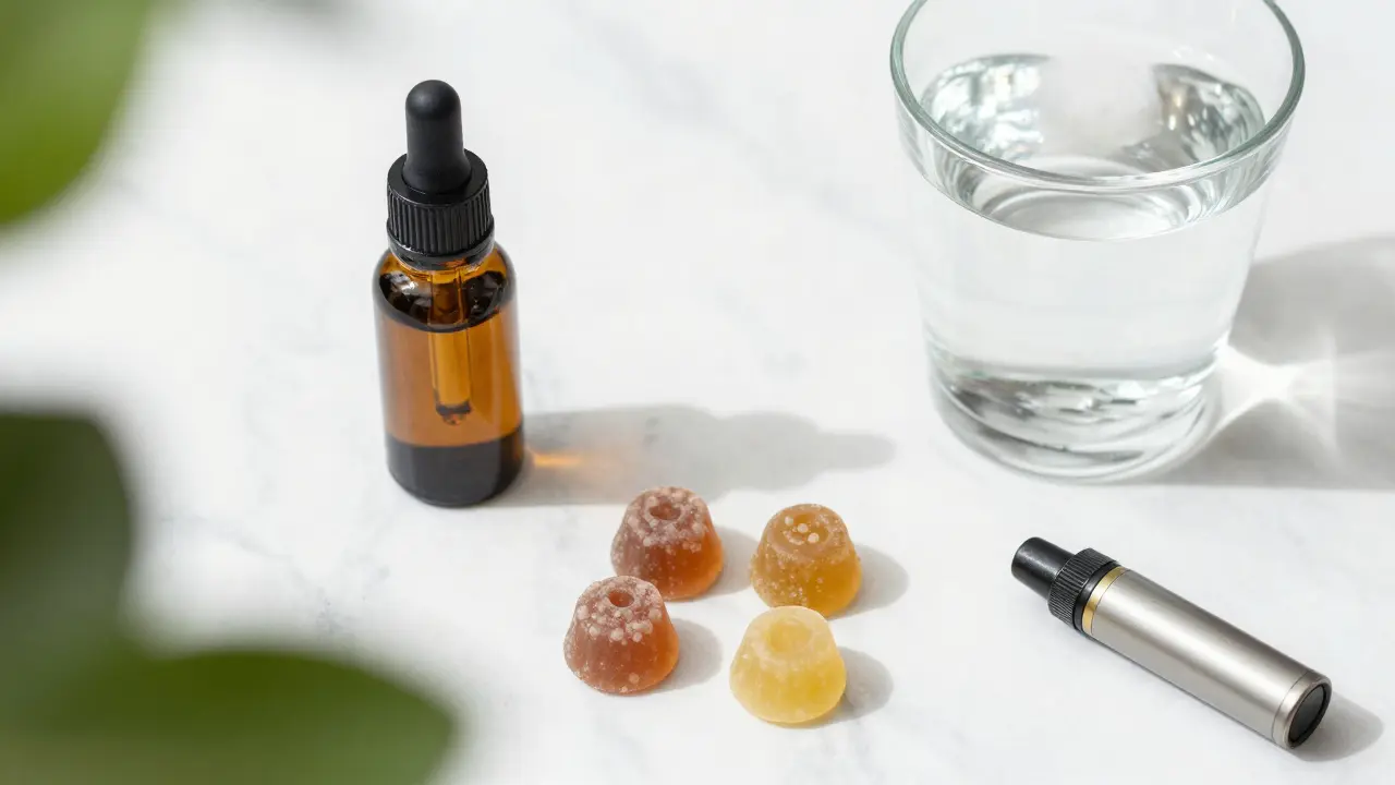 Gesunde CBD-Alternativen wie Öl und Gummies neben einem beiseite geschobenen Vape.