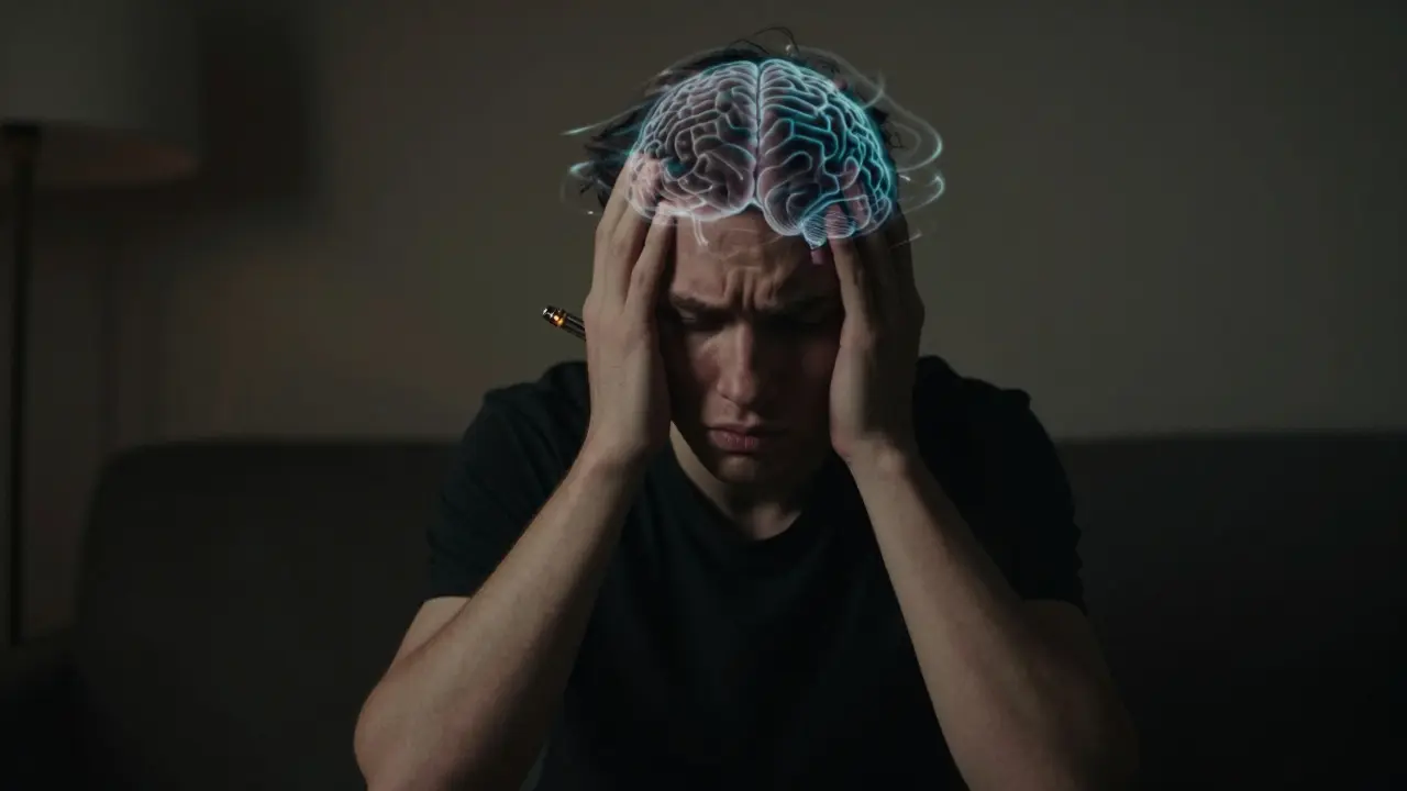 Junger Mensch mit einem Vape-Pen in einer stressigen, düsteren Atmosphäre