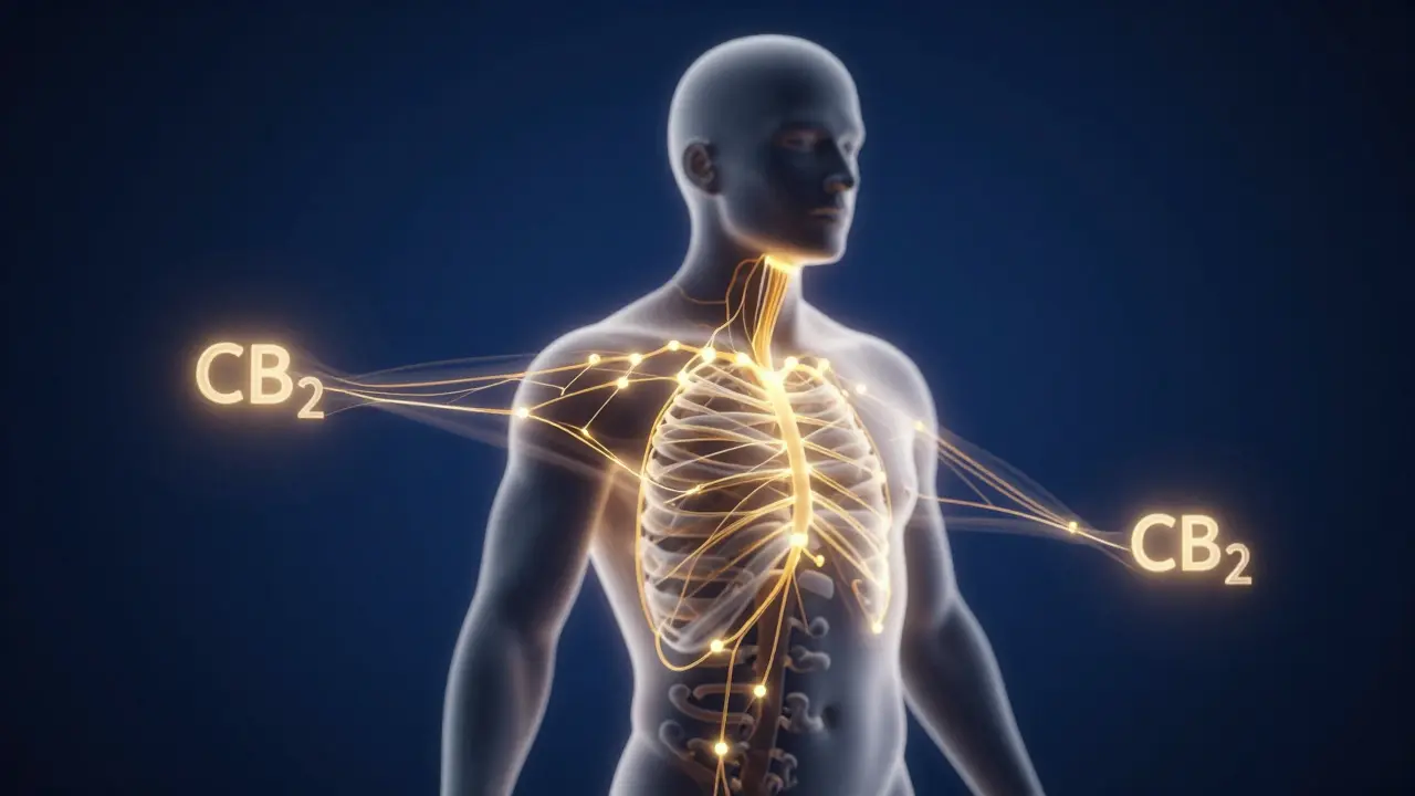 Konzeptionelle Darstellung des Endocannabinoid-Systems im menschlichen Körper.