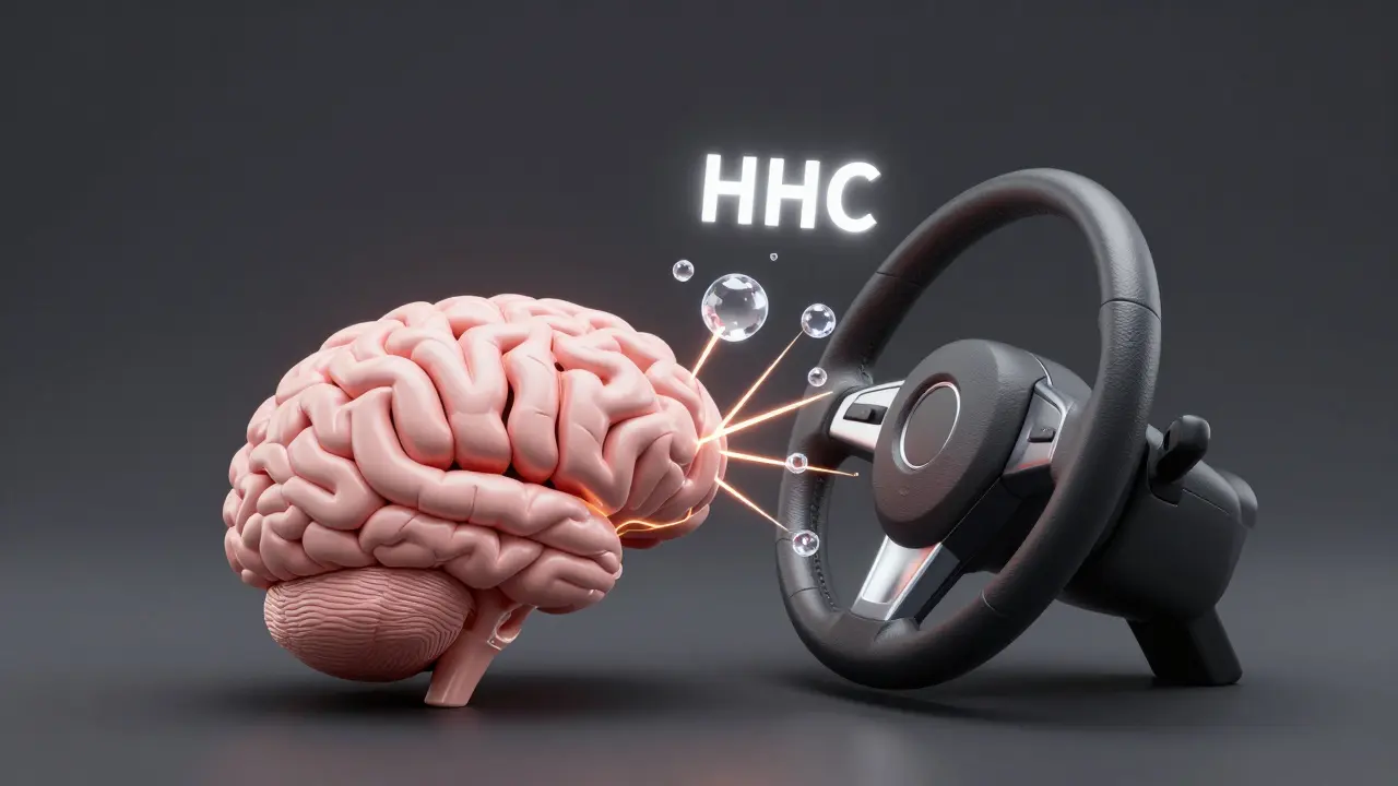 Konzeptuelle Darstellung eines Gehirns neben einem Lenkrad mit chemischen Molekülen