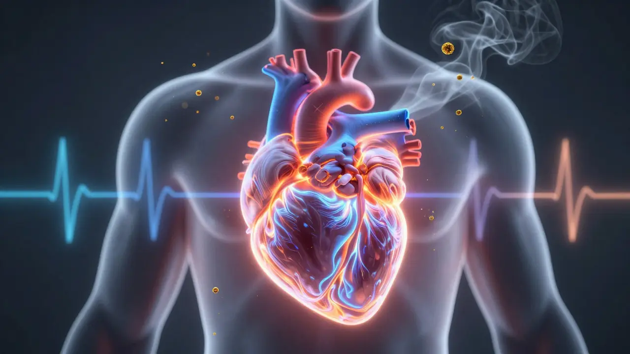 Konzeptuelle Darstellung eines schlagenden Herzens mit pulsierenden Wellen durch CBD-Inhalation.