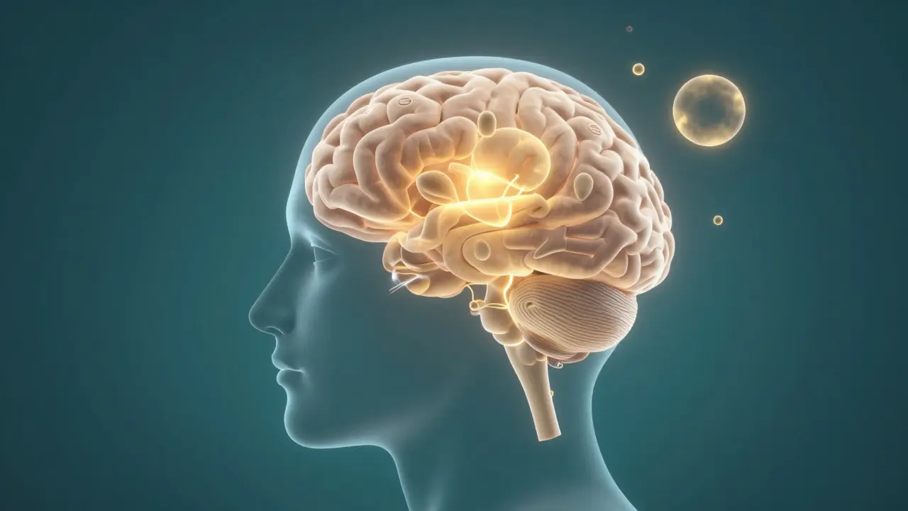 Künstlerische Darstellung der beruhigenden Wirkung von CBD auf das Angstzentrum im Gehirn