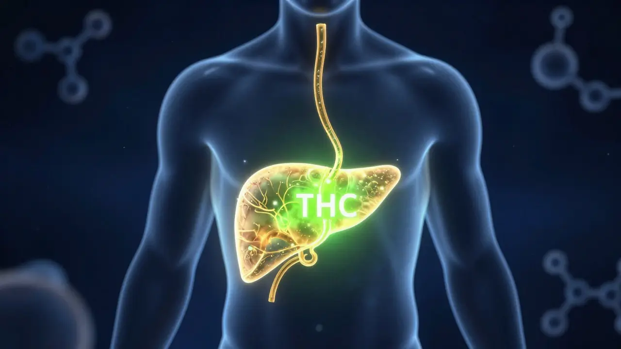 Künstlerische Darstellung der THC-Umwandlung in der Leber im menschlichen Körper.