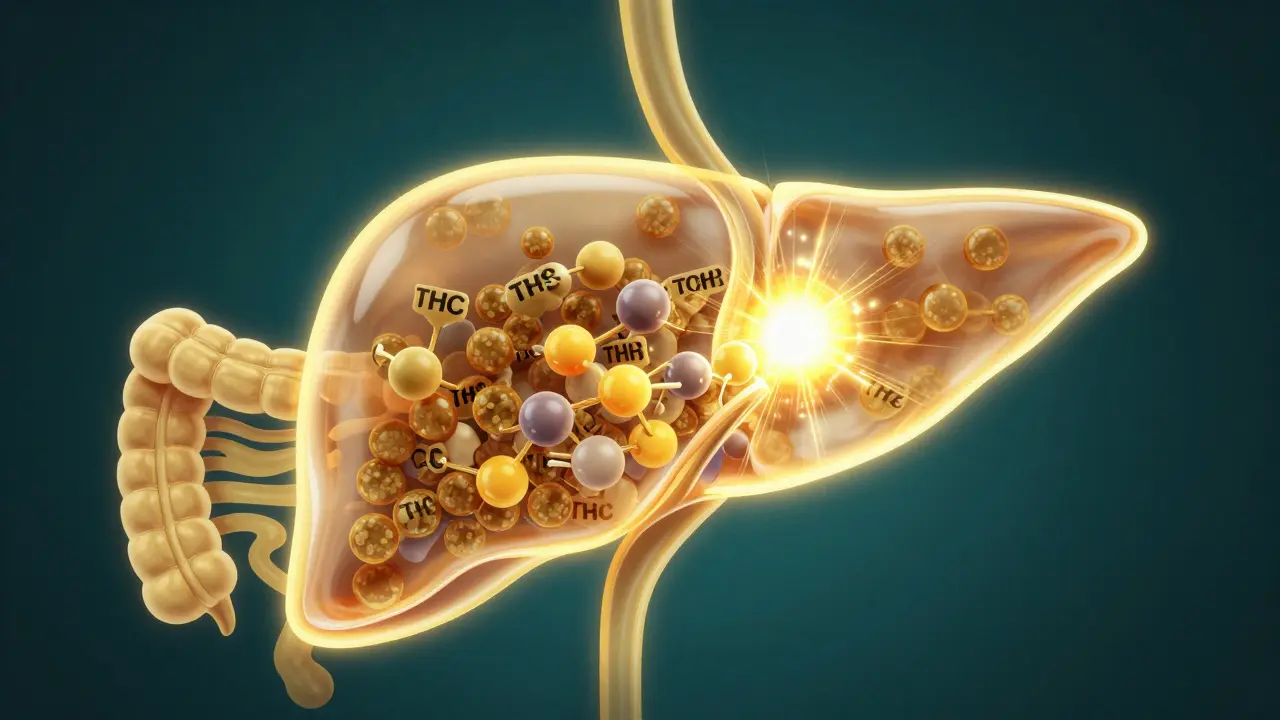 Künstlerische Darstellung der Umwandlung von THC in der Leber bei essbarem Cannabis.