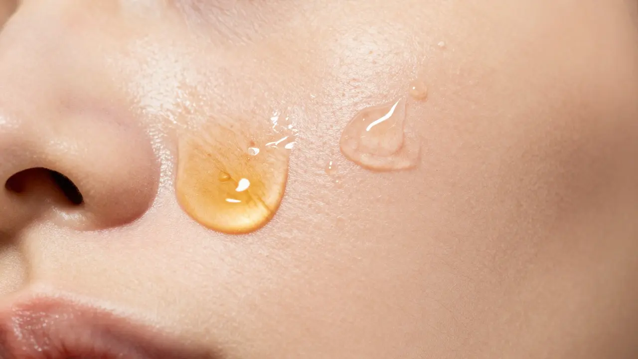 Makroaufnahme eines Ölropfens und eines absorbierenden Serums auf der Haut.