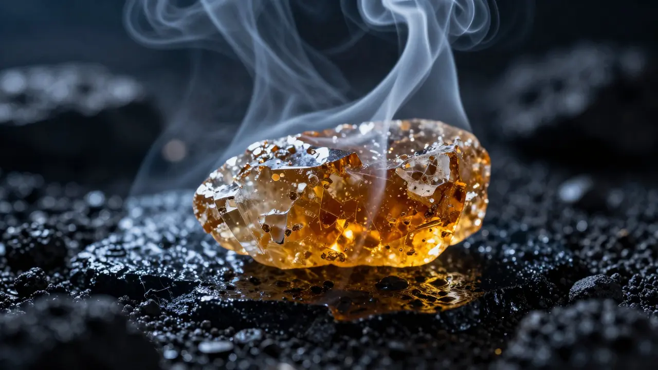 Makroaufnahme von CBD Shatter, einem glasartigen Extrakt mit sanften Rauchschwaden.