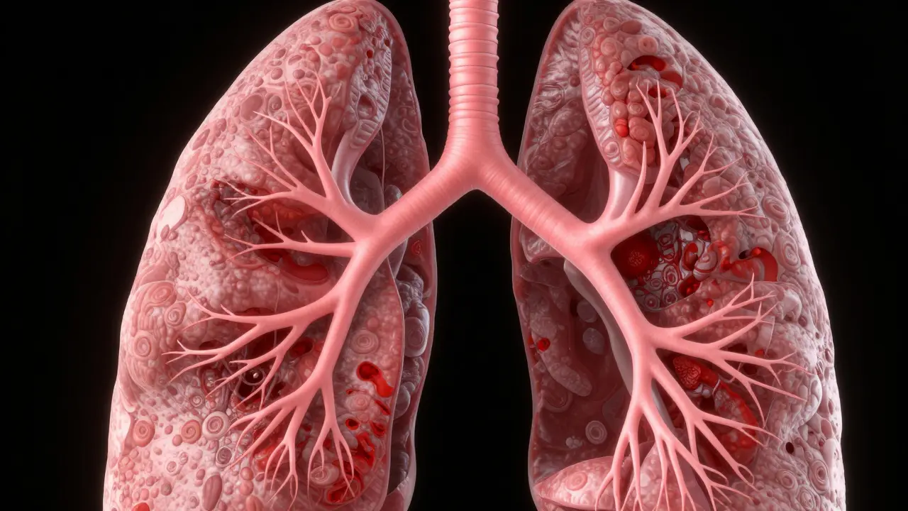 Medizinische 3D-Darstellung von vernarbten und verengten Bronchiolen in der Lunge.