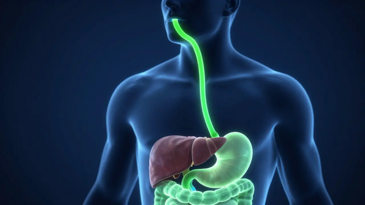 Medizinische Illustration der dualen THC-Aufnahme über Mundschleimhaut und Magen.