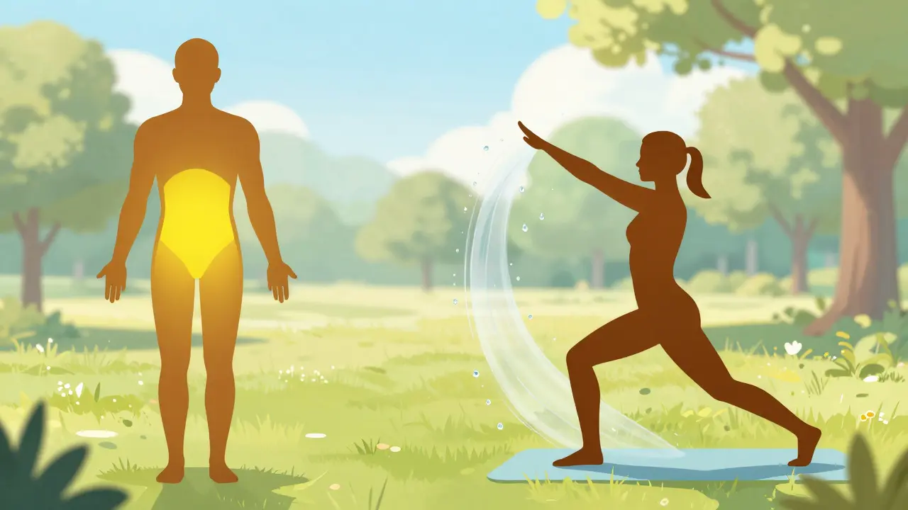 Metaphorische Darstellung der THC-Ausscheidung aus dem Körper durch Sport und Wasser.