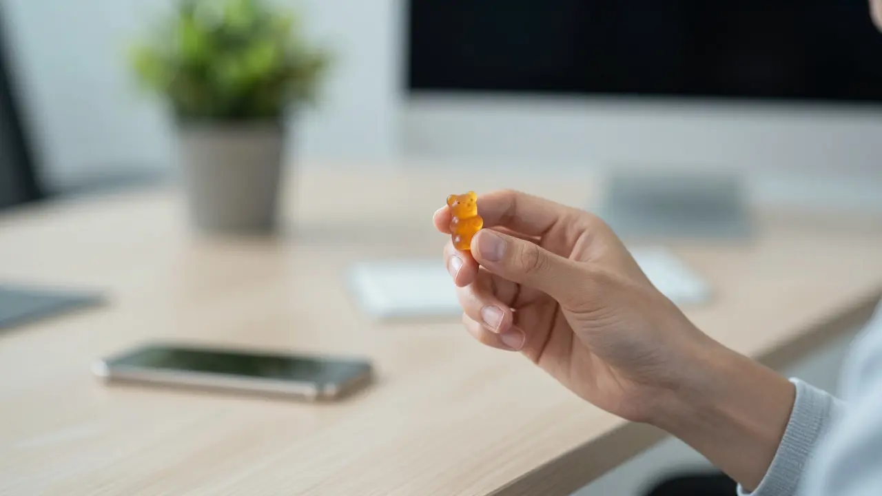 Nahaufnahme einer Hand, die diskret ein CBD-Gummibärchen im Büro hält