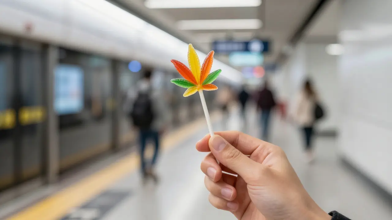 Nahaufnahme einer Hand, die diskret einen bunten Lolly in einer öffentlichen Umgebung hält