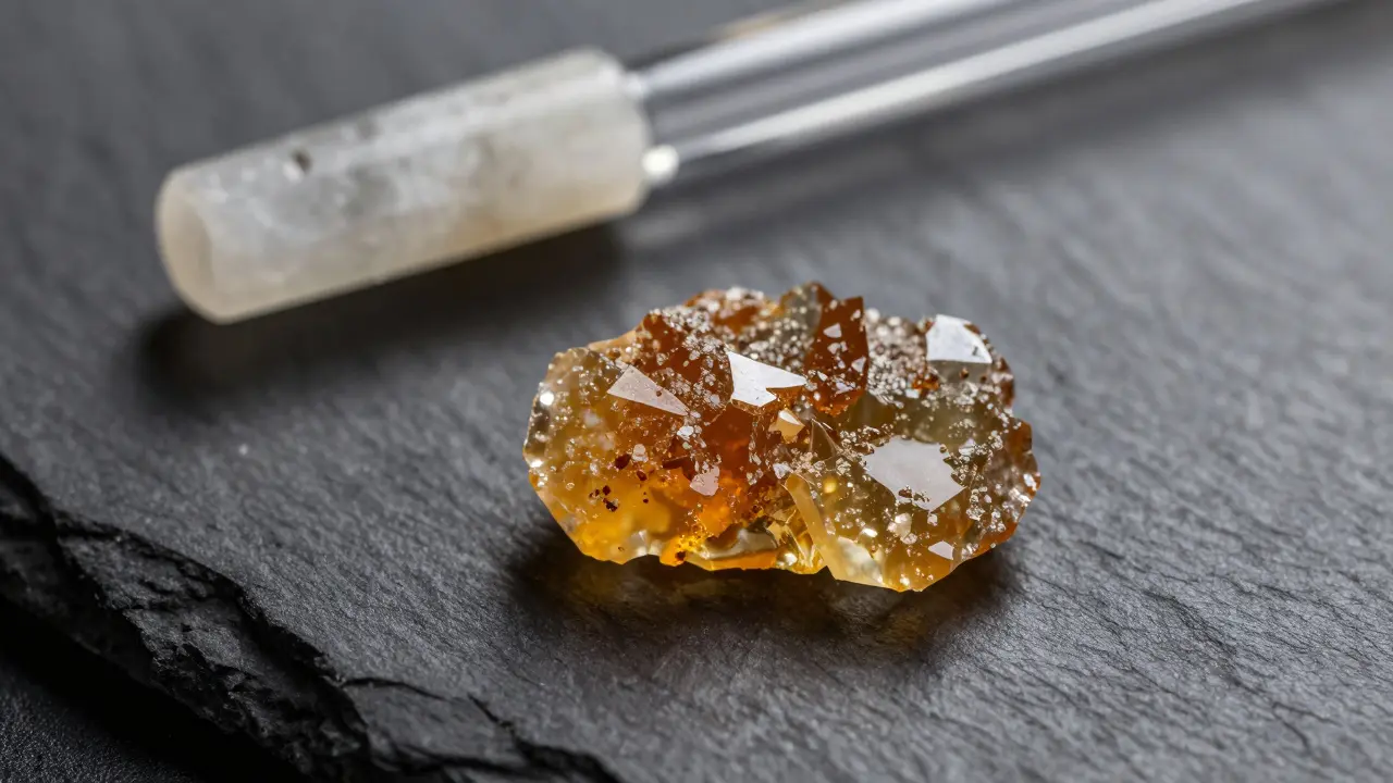 Nahaufnahme eines glasähnlichen, bernsteinfarbenen CBD-Shatter-Konzentrats.
