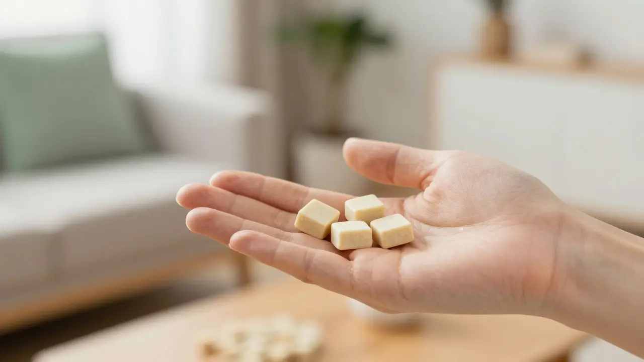 Nahaufnahme von CBD-Kaugummis in einer hellen, wohnlichen Umgebung