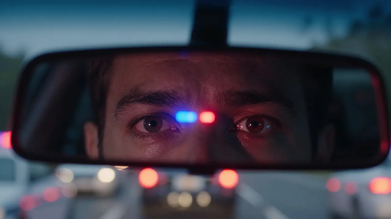Nahaufnahme von geröteten Augen im Rückspiegel mit blauen Polizeilichtern im Hintergrund
