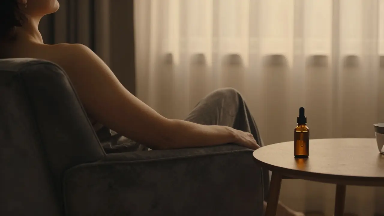 Person in tiefer körperlicher Entspannung in einem gemütlichen Sessel bei warmem Abendlicht.