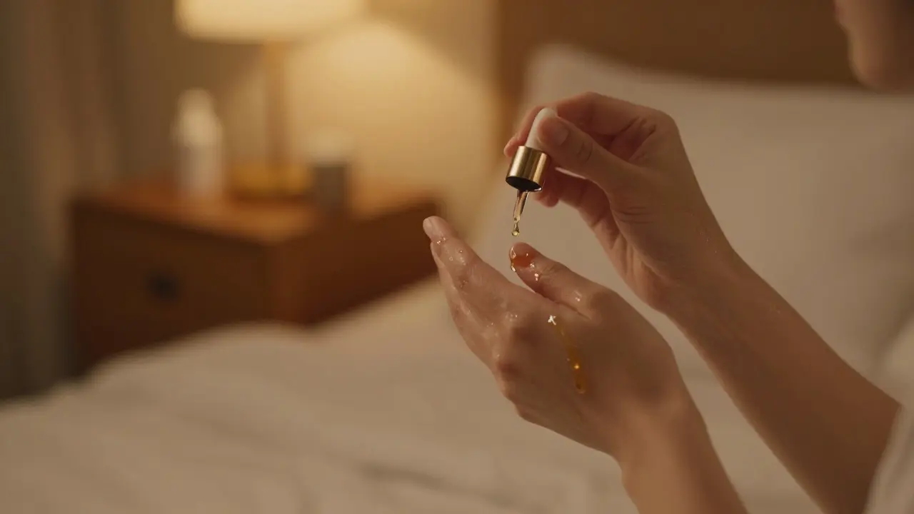 Person trägt abends sanft CBD-Öl in ihr Gesicht ein.
