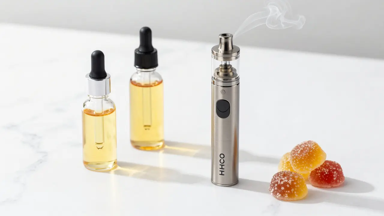 Produktfotografie von HHCO-Vape, Öl-Tinktur und Edibles auf einer weißen Marmorfläche.