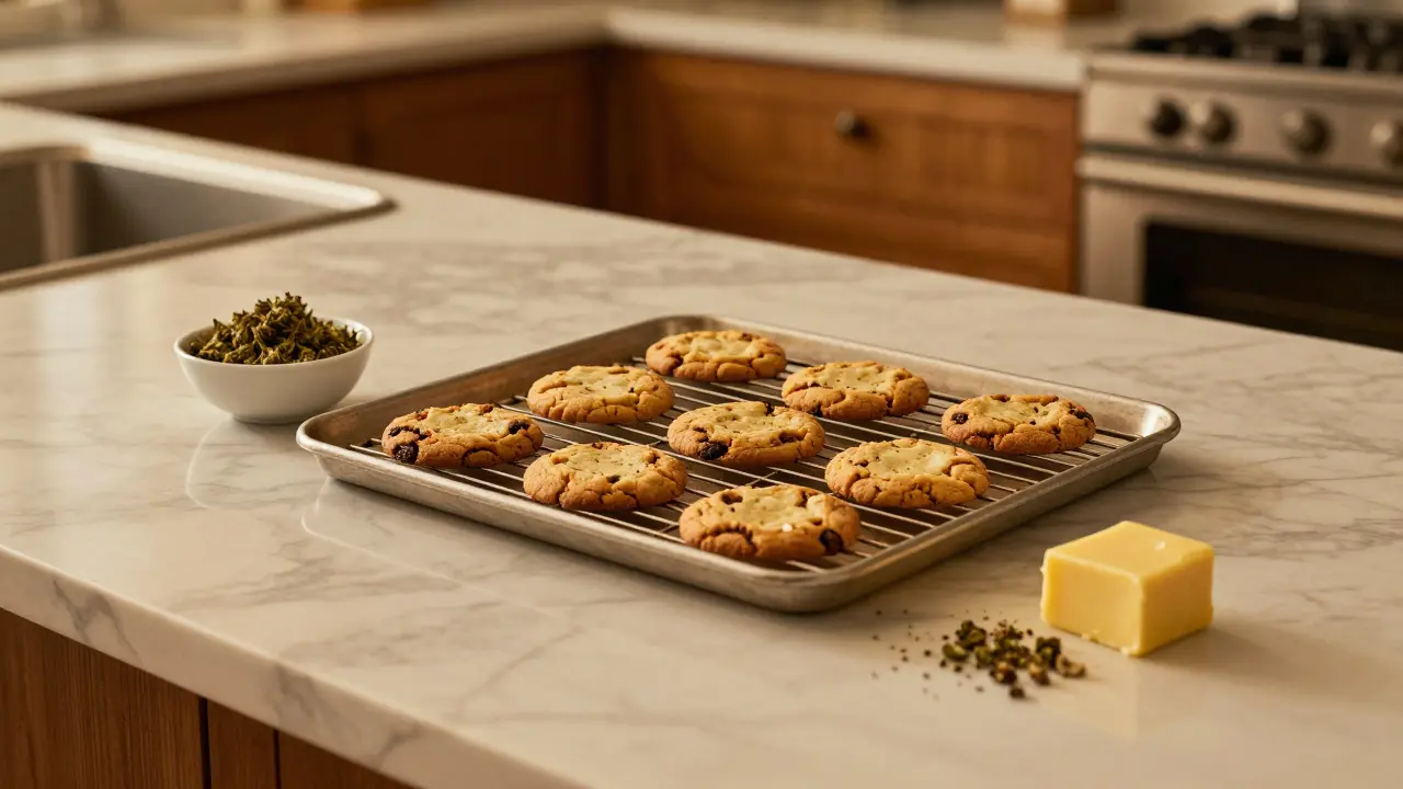 Selbstgebackene Cannabis-Cookies und Cannabutter in einer gemütlichen Küche