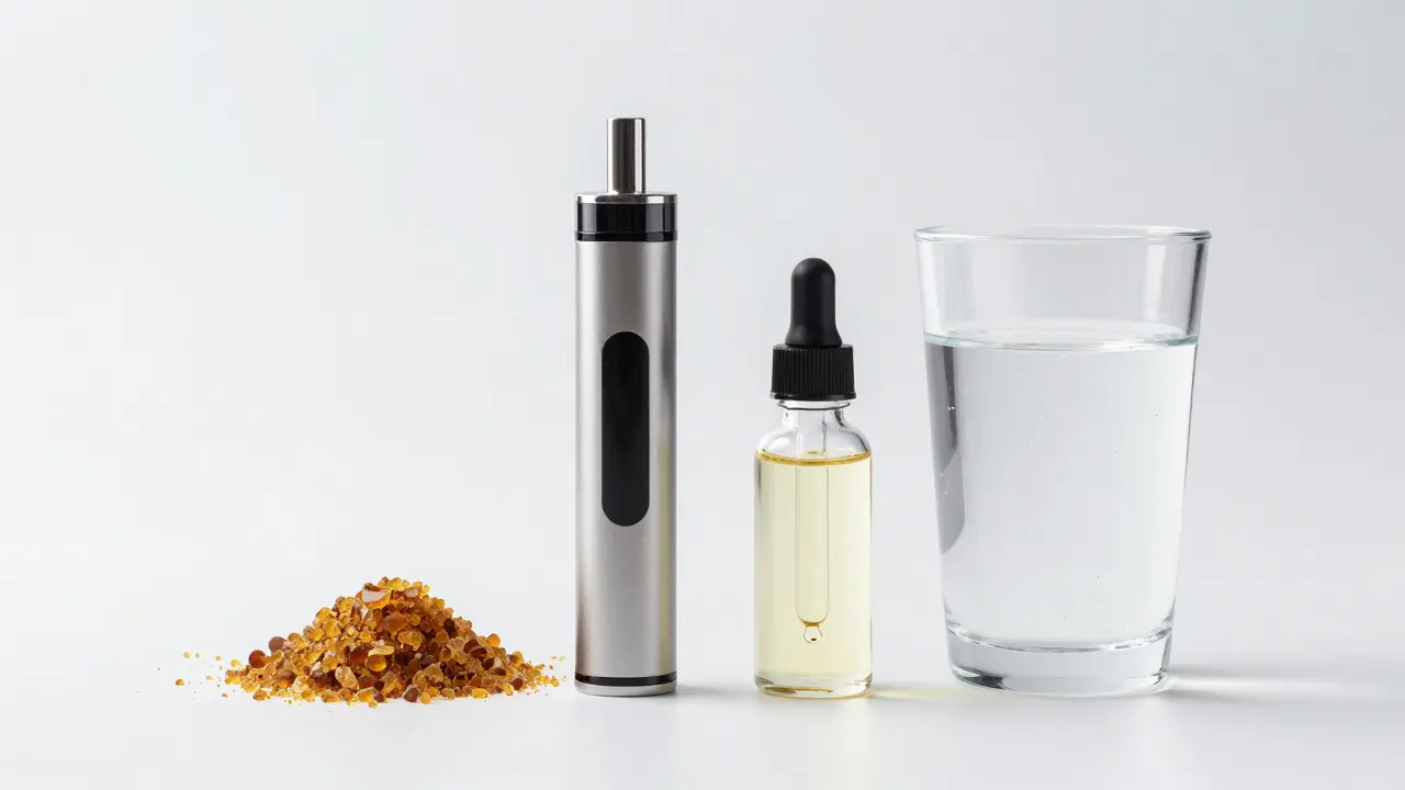 Vergleich von CBD Crumble, einem Vaporizer, CBD-Öl und einem Glas Wasser.