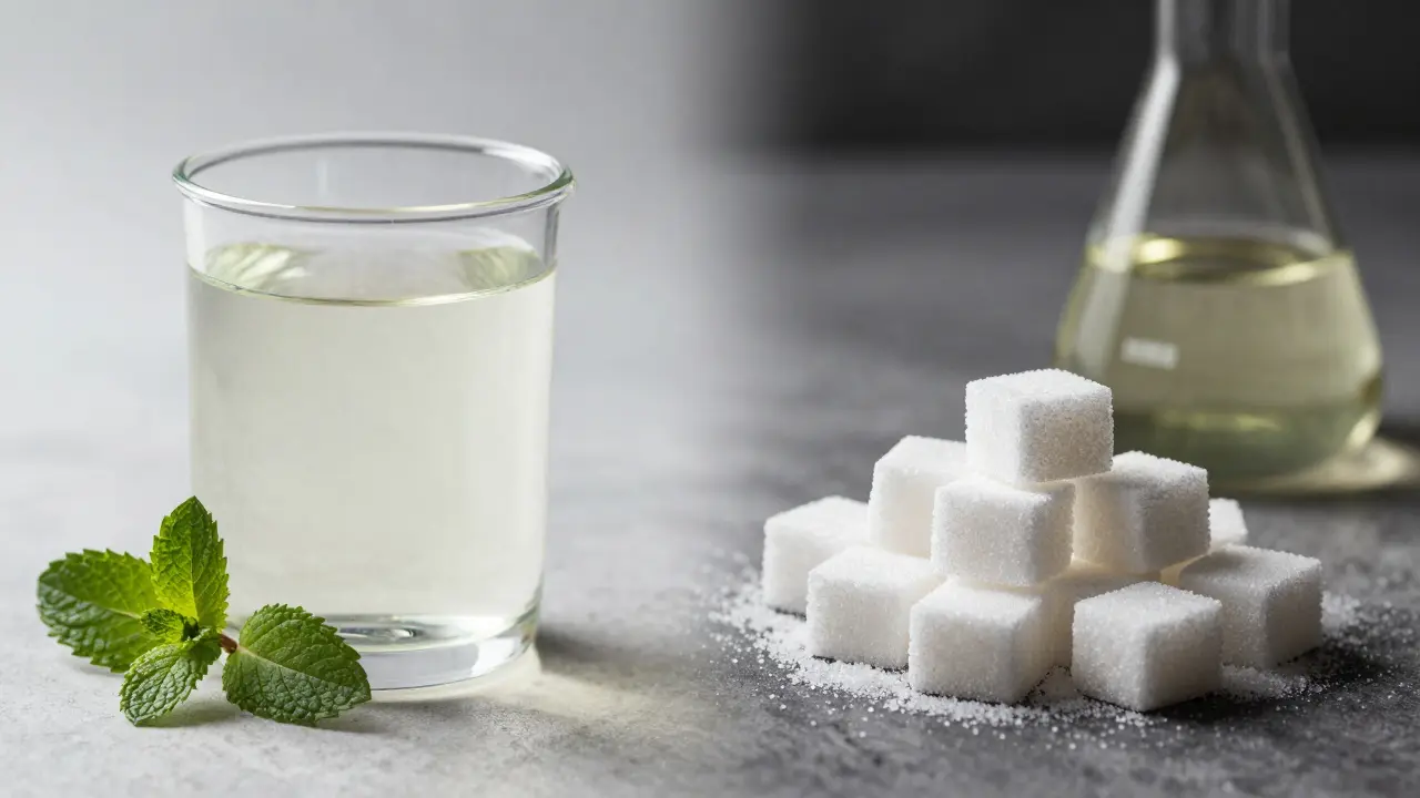 Vergleich zwischen einem reinen CBD-Getränk und ungesunden Zuckerwürfeln sowie Chemikalien.