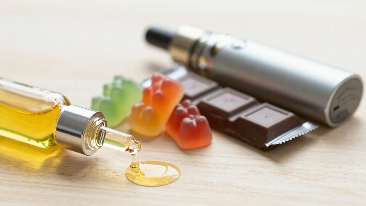 CBD-Öl, Gummibärchen und Vaporizer auf Holztisch bei natürlichem Licht