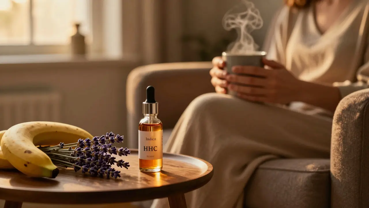 Entspannte Person mit Tee und Terpene-Quellen wie Lavendel für Indica-Wirkung.