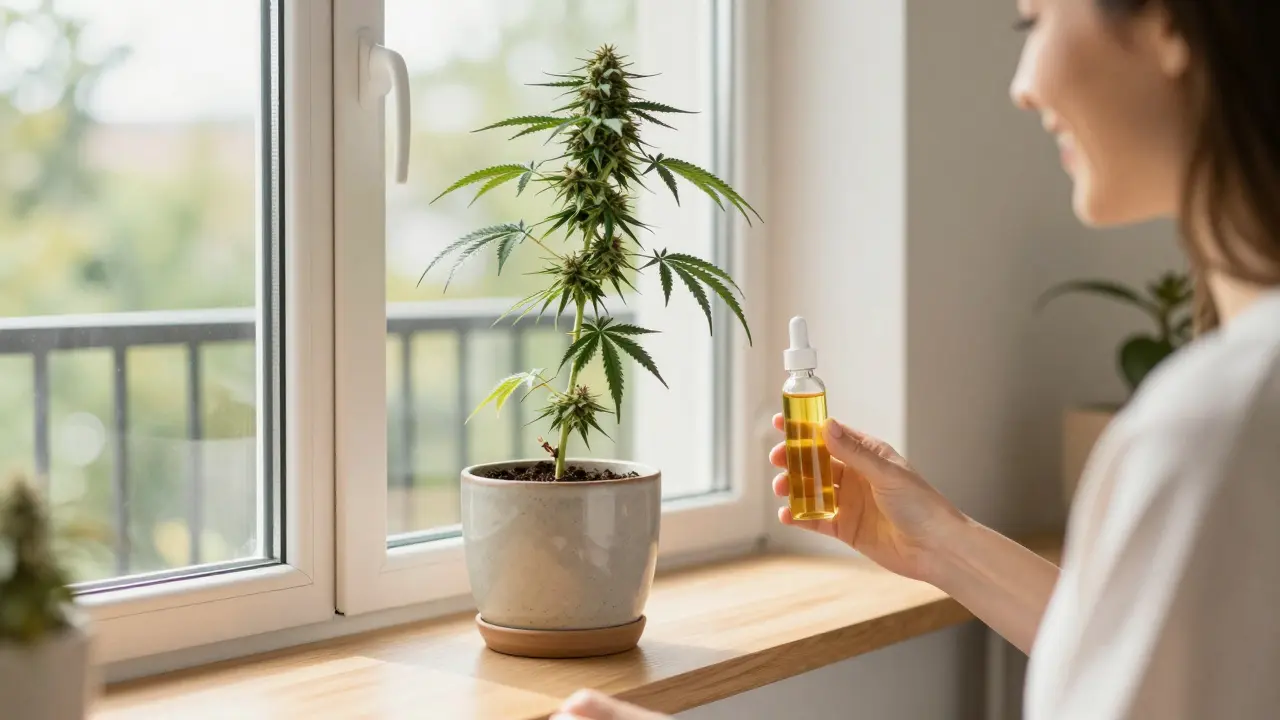 Gesunde Hanfpflanze auf einem sonnigen Balkon neben einer Flasche legales CBD-Öl für Wellness.