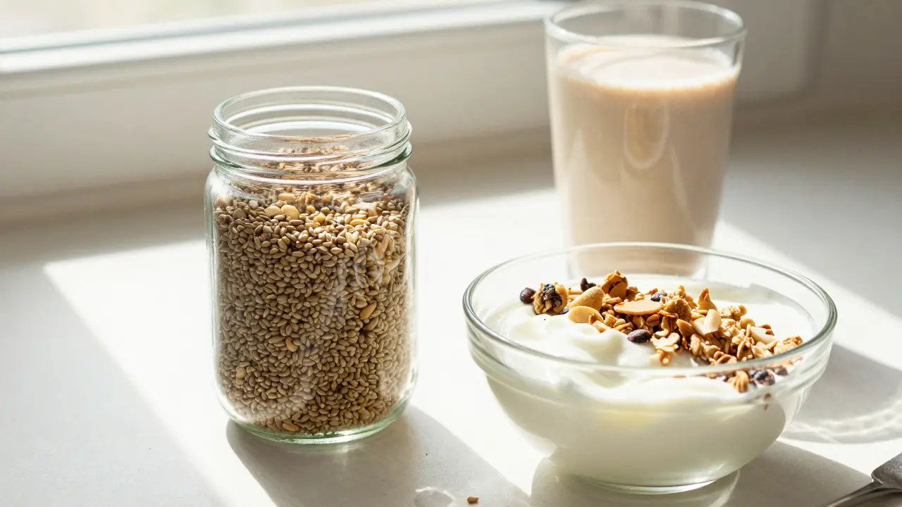 Gesundes Frühstück mit Joghurt, Müsli und Hanfsamen